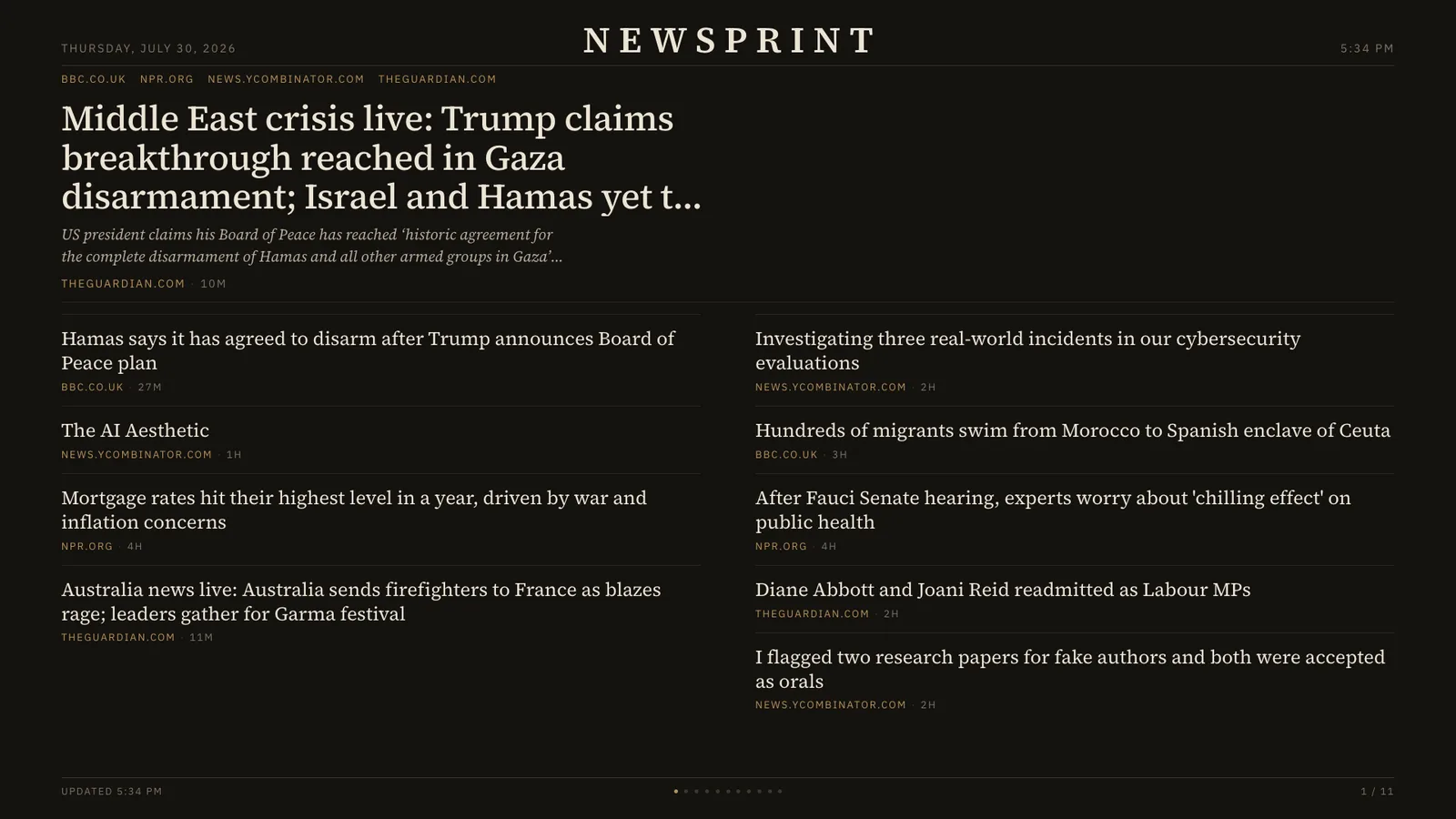 A dark front page with a lead story and two columns of headlines from BBC, NPR, Hacker News and the Guardian.