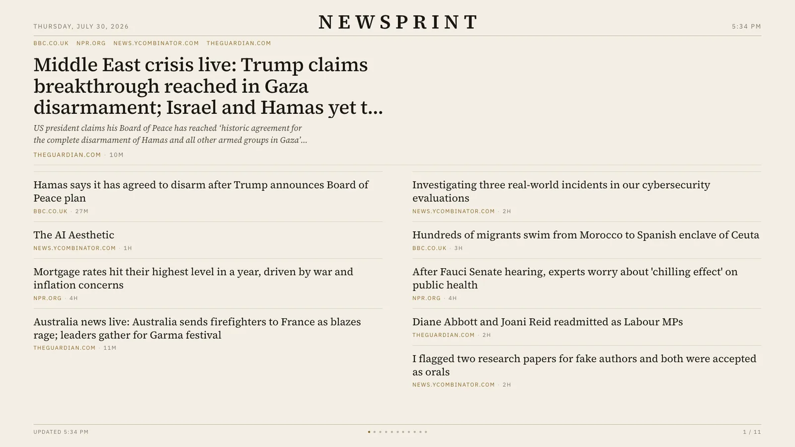The same front page set in black type on a warm off-white ground.