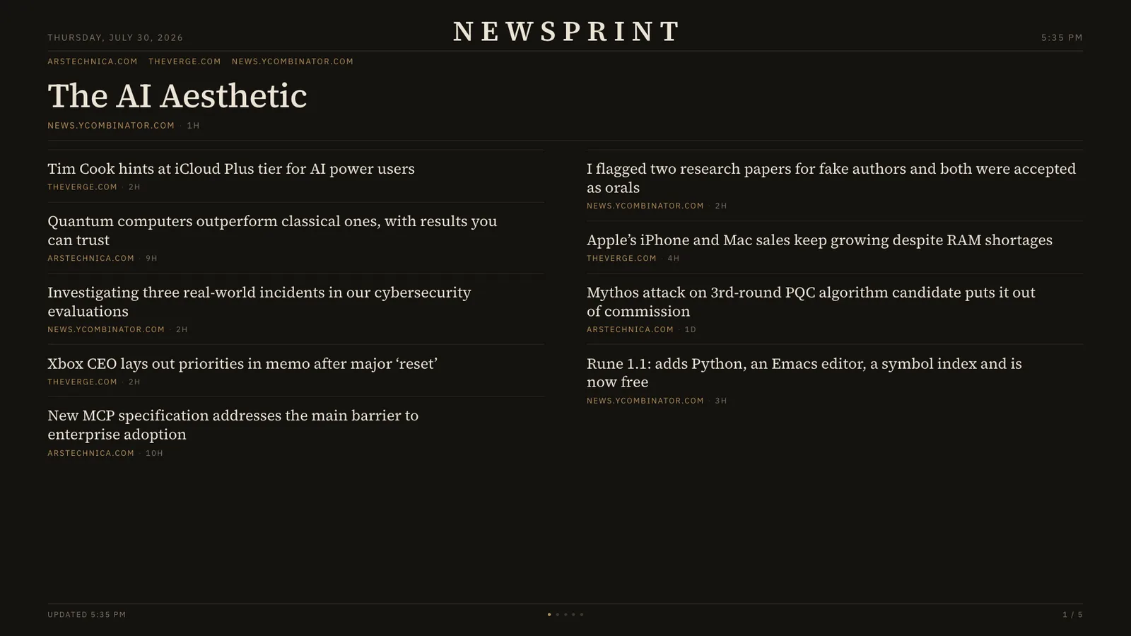 A dark front page built from three hand-picked technology feeds instead of the wire services.