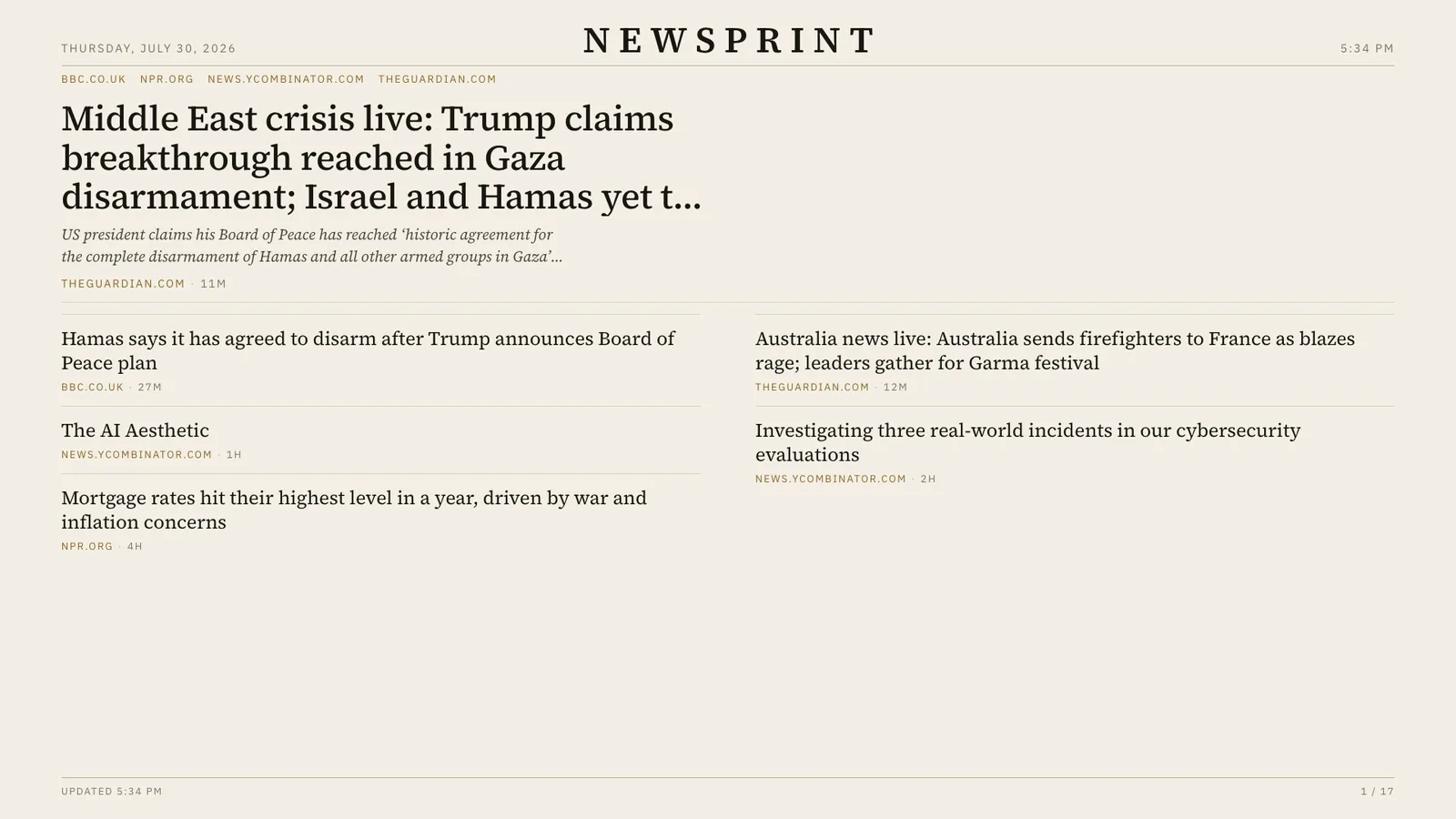 A paper-themed front page holding only six headlines, with generous space beneath them.