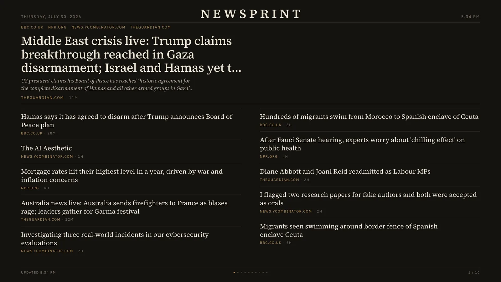 A dark front page packed with twenty headlines across two columns.